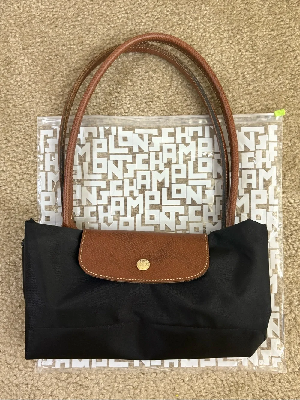 Longchamp Black Nylon Shoulder Bag with Brown Leather Trim - Picture 1 of 3